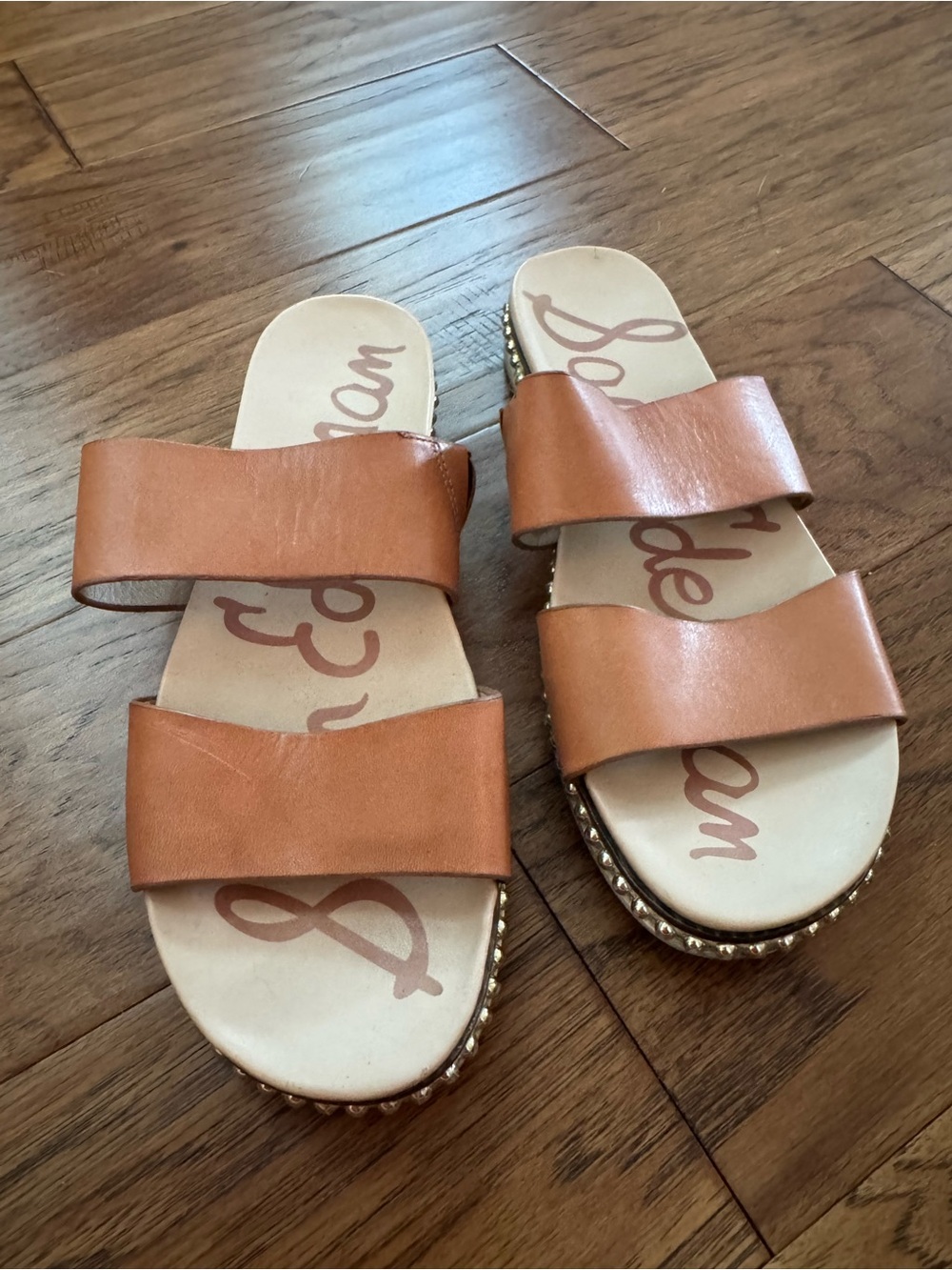 Sam Edelman Cognac Double-Strap Slide Sandals with Stud Trim